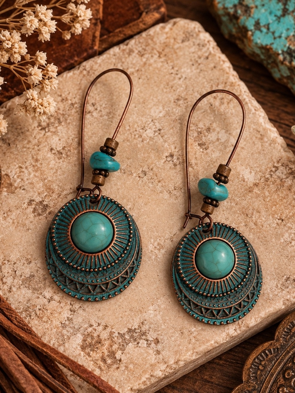 Turquoise Boho Western Indigenous Inspired Drop Dangle Filigree Earrings New